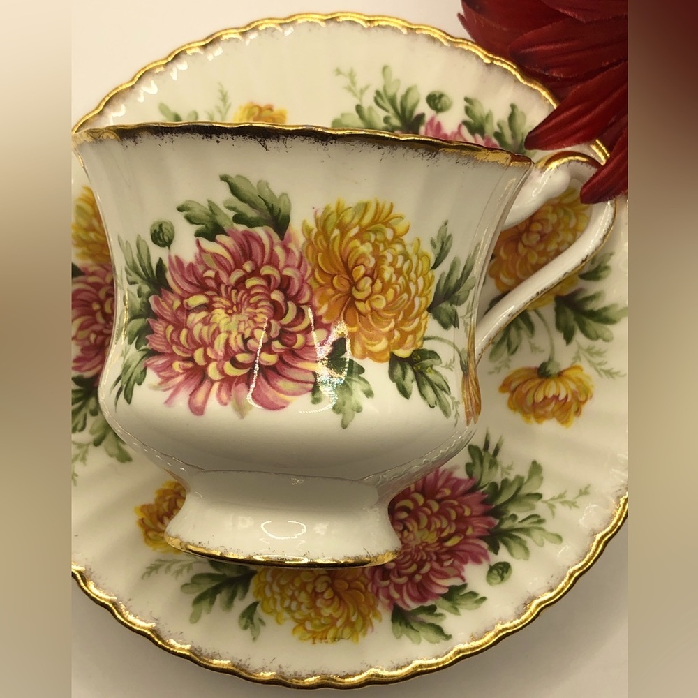Paragon Pink and Yellow Crisanthenum Single Warranted Teacup and Saucer